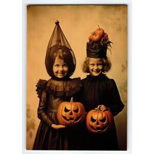 Vintage Halloween Postcard Photochrome Girls with Jack-O'-Lanterns
